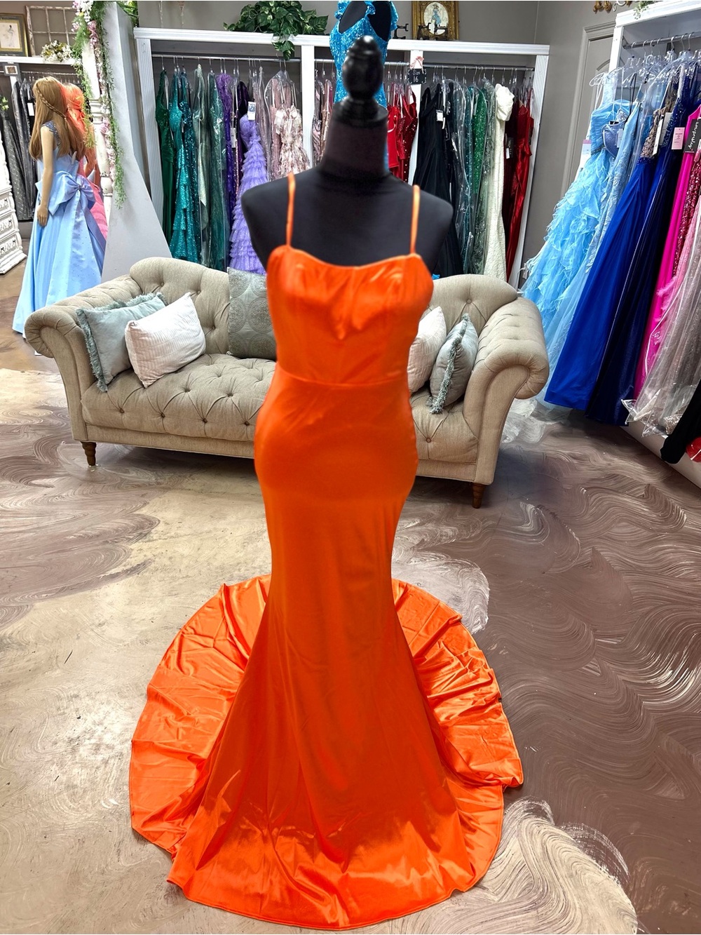 Portia and Scarlett Orange Satin Fitted Spaghetti-Strap Prom Gown